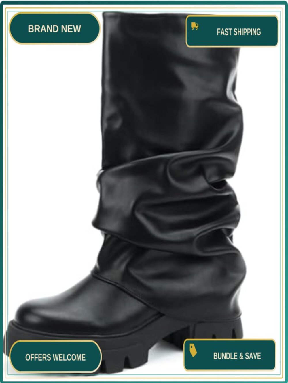 Faux Leather Ruched Slouchy Mid Calf Platform Boots Chunky Heel